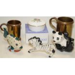 Box of collectibles to include Beswick Panda ref 720, a pair of copper measuring tankards, a