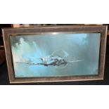 Large framed print on board of a Spitfire by Barrie A F Clark. Overall frame size 120cm x 68cm