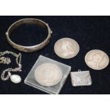 Quantity of silver items to include two Victorian Crowns and a Half Crown, a silver stamp case and a