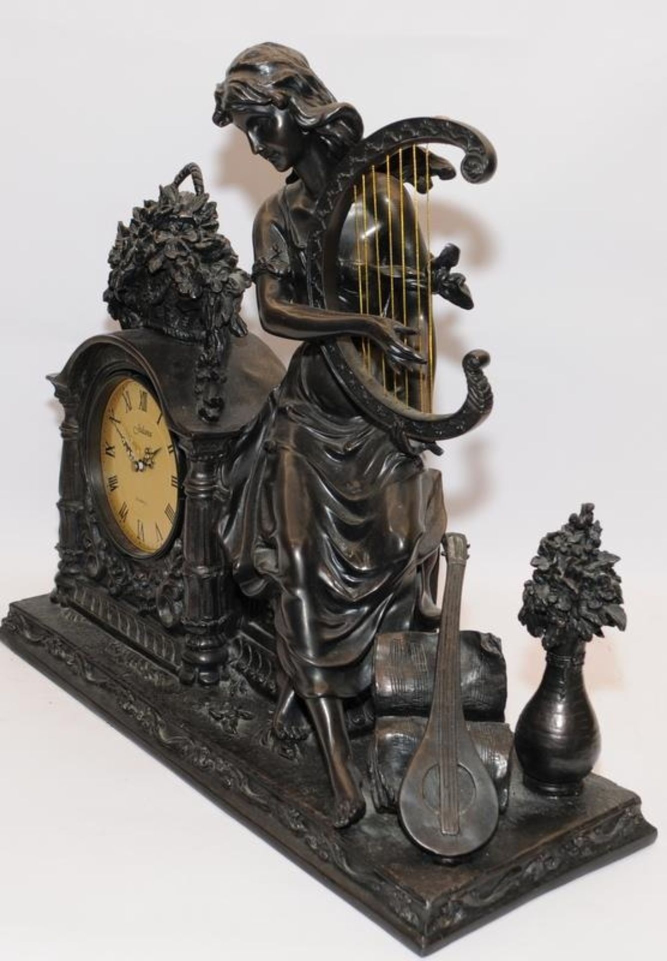 Large bronzed resin mantle clock featuring a classical Muse. 53cm across - Image 2 of 3