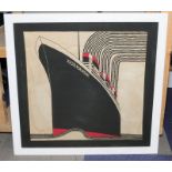 SS Normandie Art Deco linen silk screen print scarf currently framed. O/all frame size 82cm x 77cm