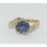 9ct gold ladies Amethyst and diamond shouldered twist ring size P