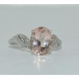 Pink Morganite and Diamond 9ct gold ring Size O 1/2.