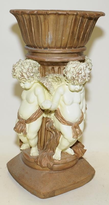 Large decorative resin plant stand featuring gilded bowl supported by Putti's. 48cms tall - Image 3 of 5