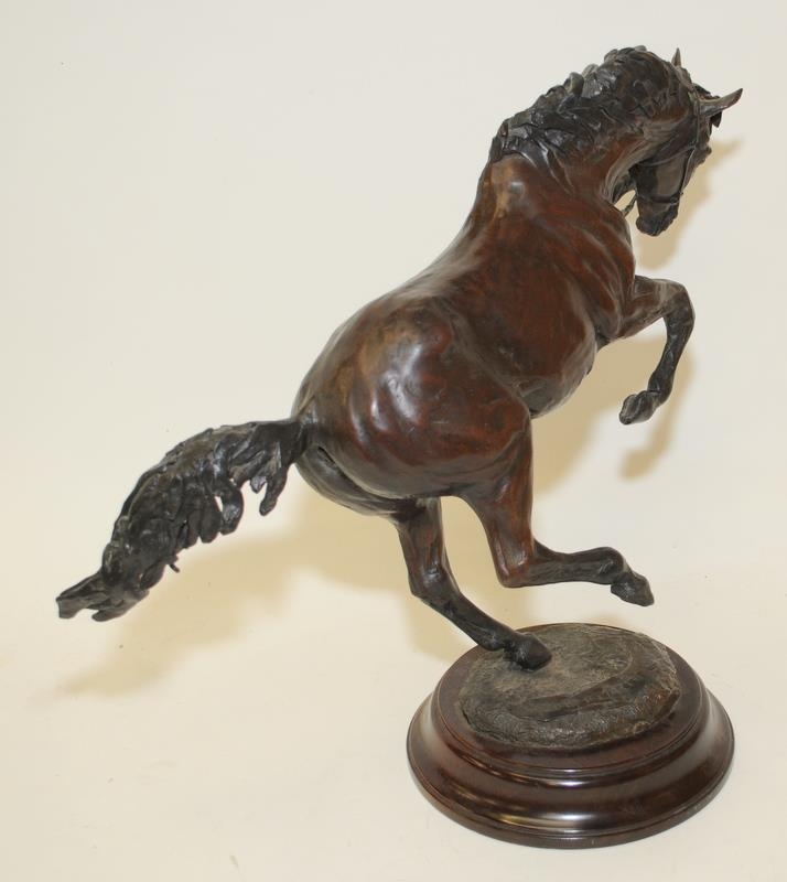 Three cast metal animals to include a large bronze rearing horse with indistinct signature to - Image 8 of 9