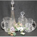 Collection of glassware to include tall port decanter, square whisky decanter and two lead crystal
