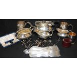 Nice collection of silver plate to include knife rests, flatware, collapsible cup etc.