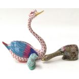 Herend of Hungary porcelain figures of a swan and a miniature cat. Lot also includes an Oriental