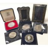 Small collection of coins to include Sterling Silver and £5 crowns and small silver picture frames