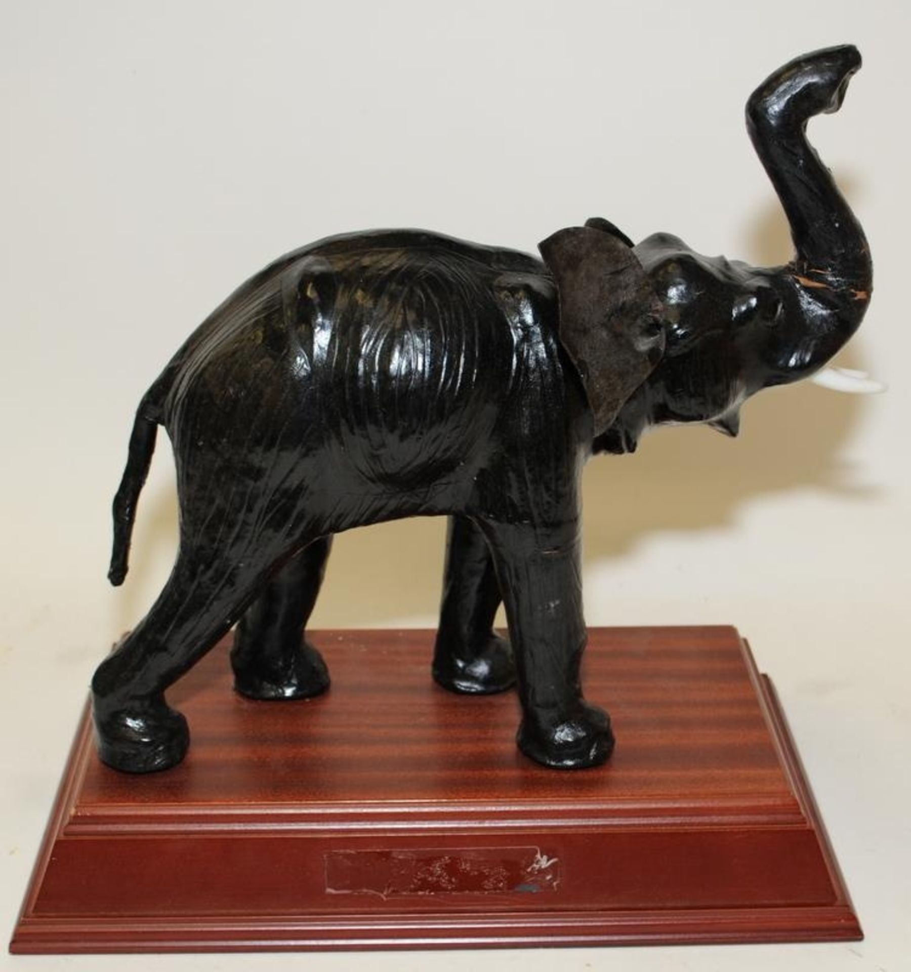 Vintage tooled leather over wood elephant mounted on a wooden plinth o/all height not including - Image 3 of 4