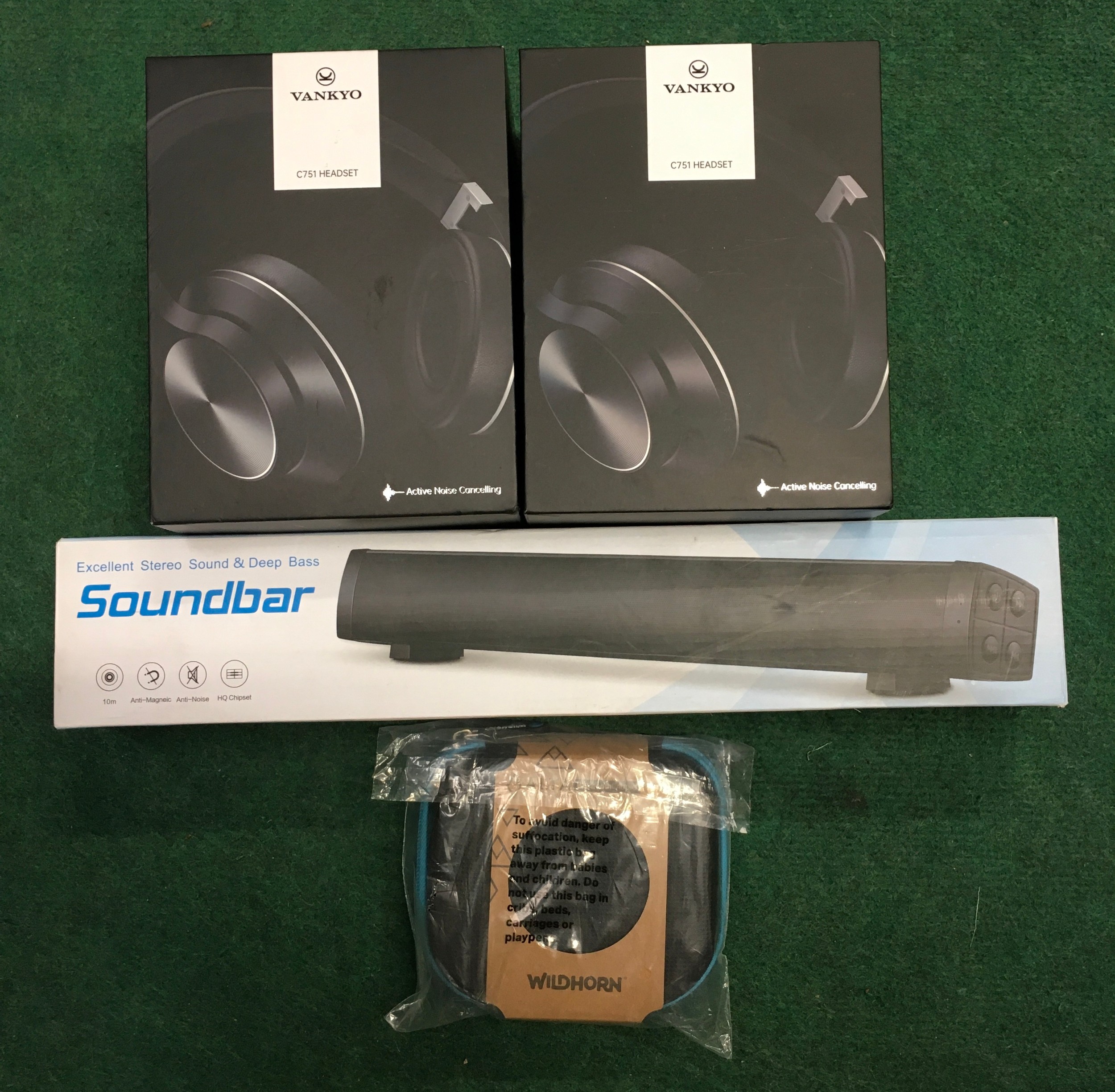 2 x Vankyo boxed headphones together with Bluetooth headphones and a sound bar (not tested).