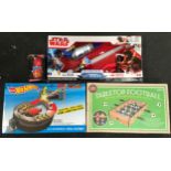 Collection of toys to include Hot Wheels Spiral Speedway, Tabletop Football, Star Wars Bladebuilders