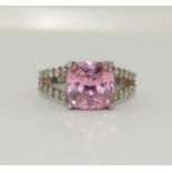 925 pink stone ring with CZ shoulders. Size N.