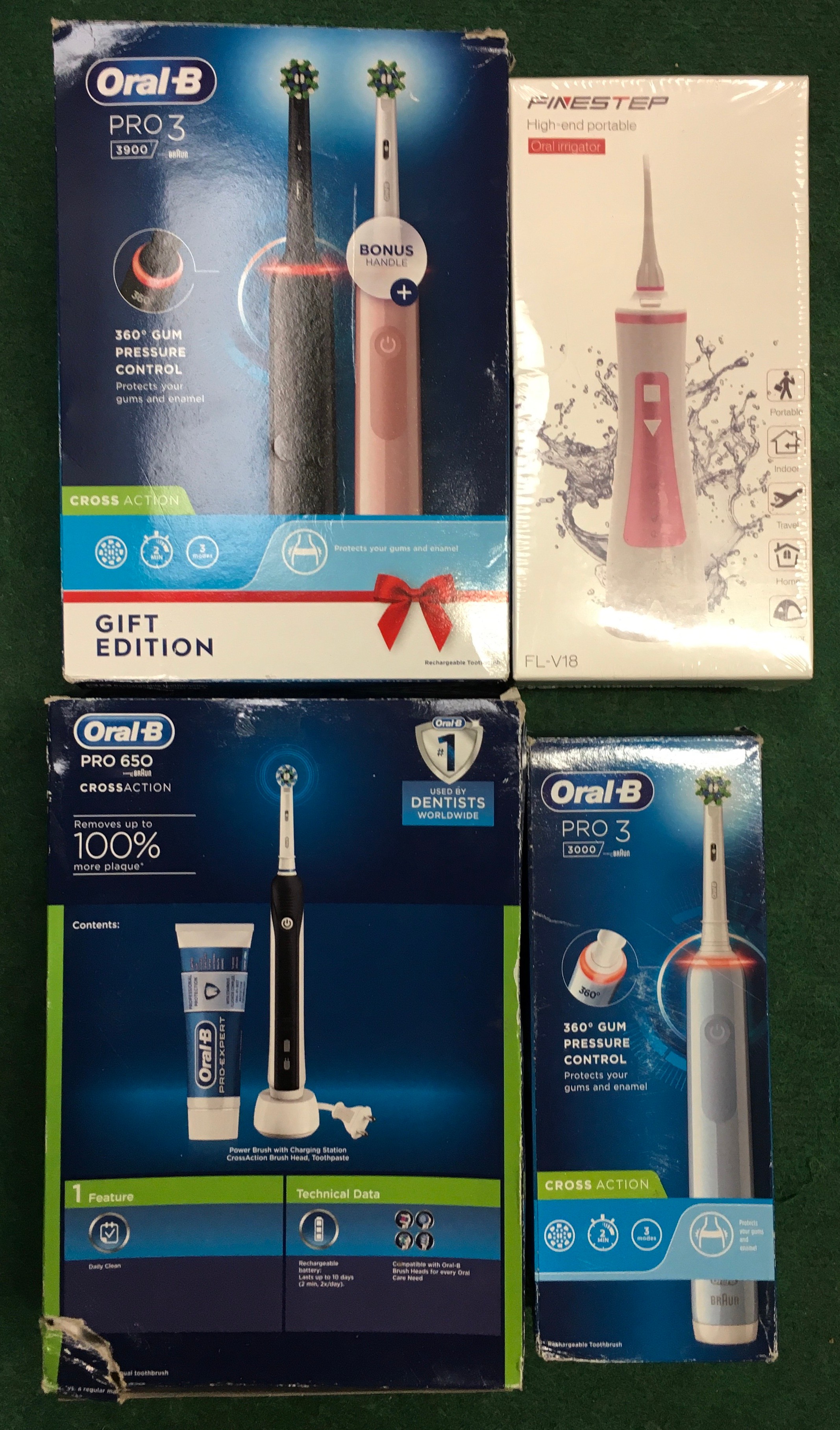 4 x Oral B electric toothbrushes together with an Oral Irrigator (not tested).