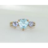 9ct gold heart shape aquamarine and amethyst ring size N ref WP