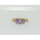 9ct gold ladies 3 stone amethyst ring size S ref WP