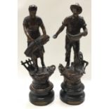 Pair of bronzed figures depicting country farmers stood on rounded plinth "Le Semeur ,La