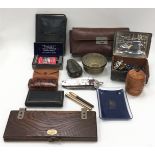 Collection of assorted curios to include autograph album, early dynamo torch, brush set, costume