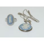 Antique Wedgwood Jasper ware sterling silver ring and pendant.