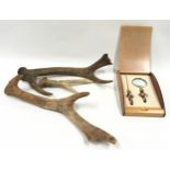 Treen box magnifying glass and letter openers together loose antler horns for decoration