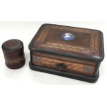 Antique decorative inlaid wooden box together with a Tumbridge Ware tobacco tin (2).