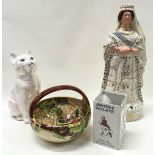 Staffordshire Queen Victoria figure ,cat figure together a single handed center bowl and a jonny
