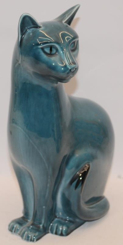 Large Poole Pottery right sitting blue glazed cat 29cms tall - Image 2 of 4