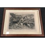 Alfred W Strutt: Vintage framed and glazed picture depicting otter hunting 28x22.5cm.