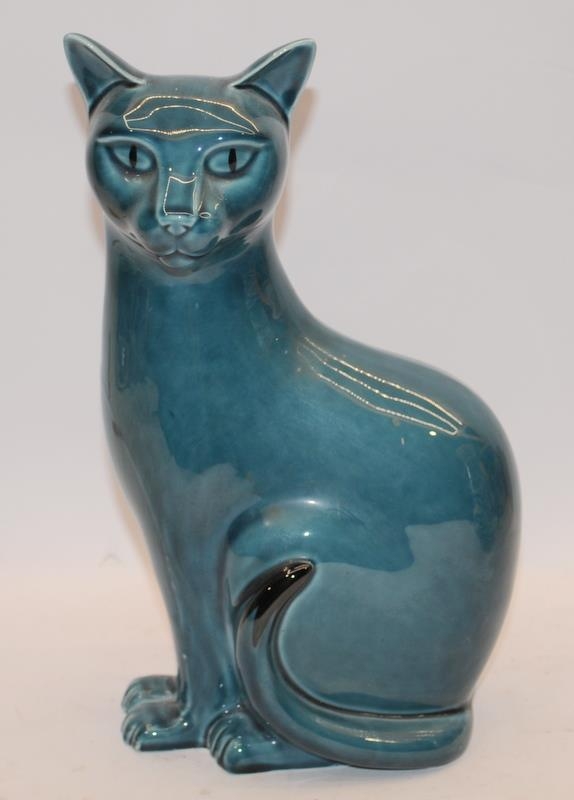 Large Poole Pottery right sitting blue glazed cat 29cms tall