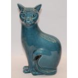 Large Poole Pottery right sitting blue glazed cat 29cms tall