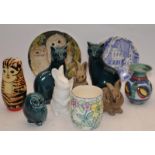 Collection of mostly Poole Pottery to include stoneware animals and a matched pair of blue glaze