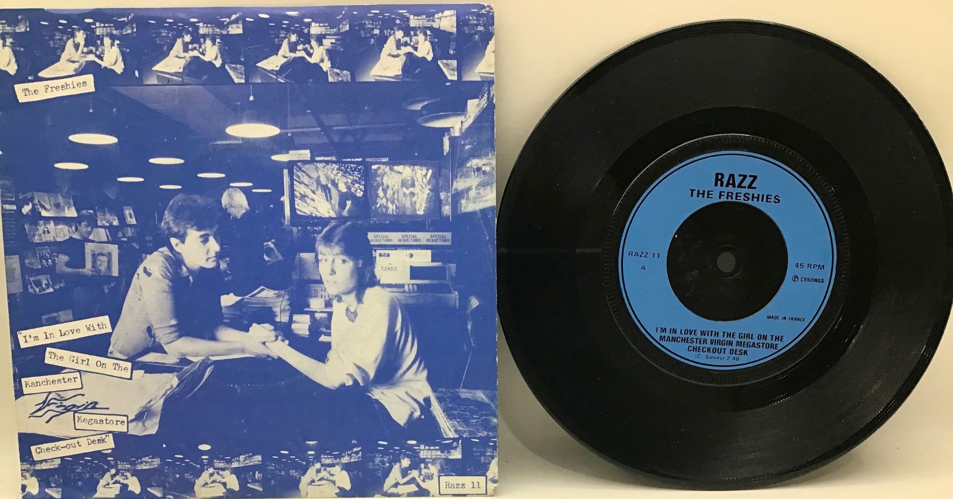 THE FRESHIES 7” - I'M IN LOVE WITH THE GIRL ON THE MANCHESTER VIRGIN MEGASTORE CHECKOUT DESK. 1st UK