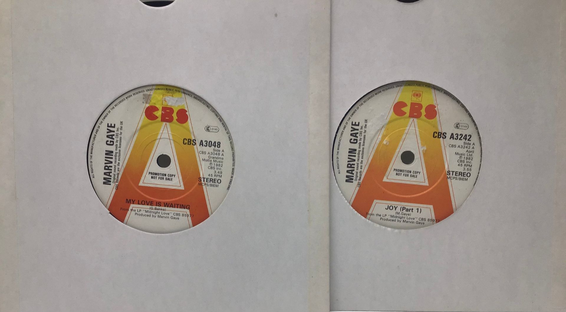 2 X MARVIN GAYE DEMO / PROMO 7” RECORDS. Two titles here on CBS Records - Joy & My Love Is