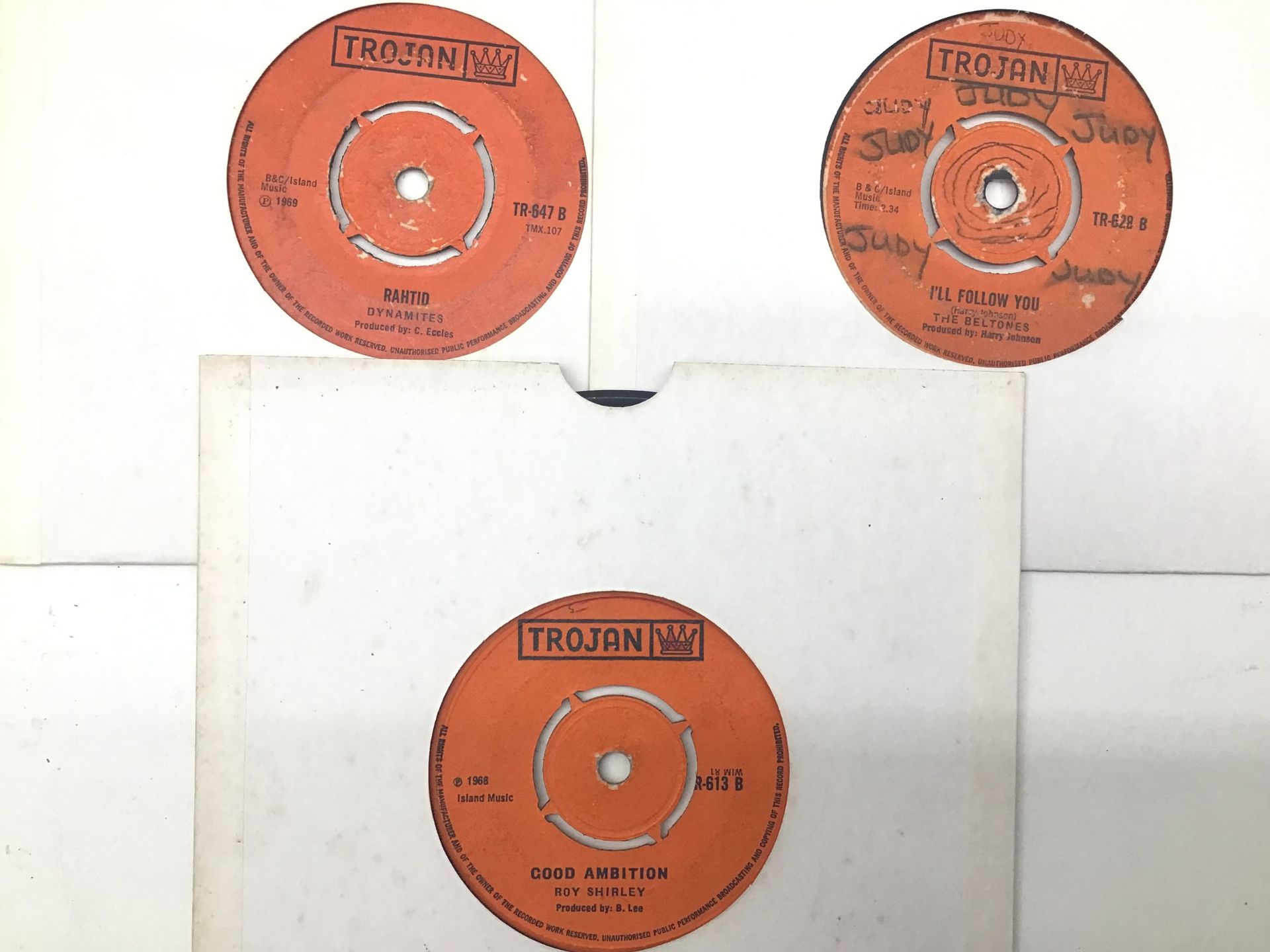 3 VINTAGE 60’s TROJAN REGGAE SINGLE RECORDS. Artists here include - Clancy Eccles (VG) - - Image 2 of 2