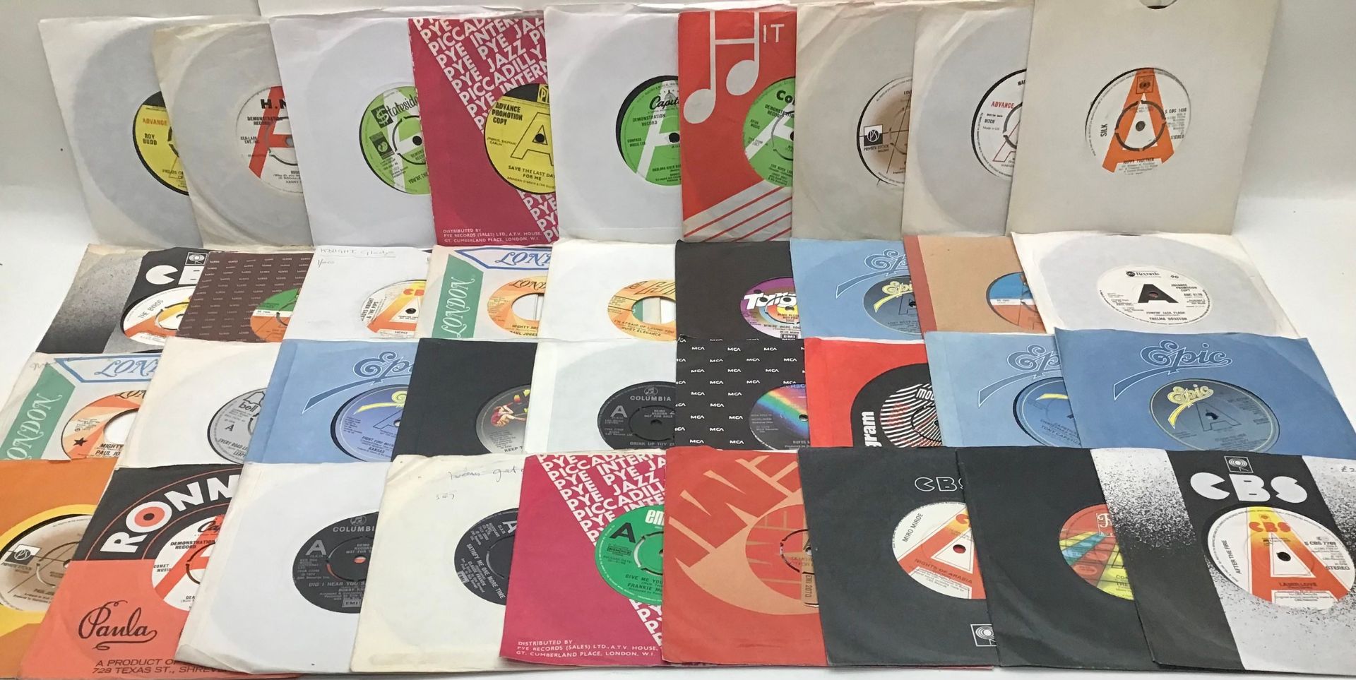 36 DEMO / PROMO 45 RPM RECORDS. Variety of singles from the 60s 70s & 80s found here in mainly VG+