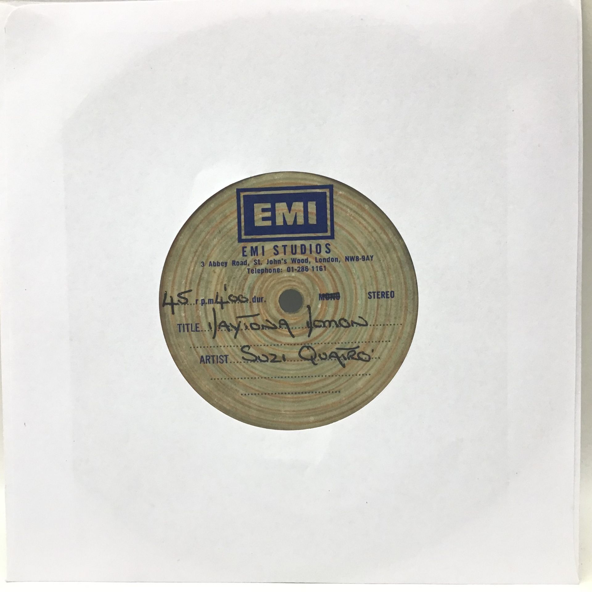 SUZI QUATRO 7” ACETATE SINGLE. Super EMI one sided Studio acetate featuring the leather clad Suzi