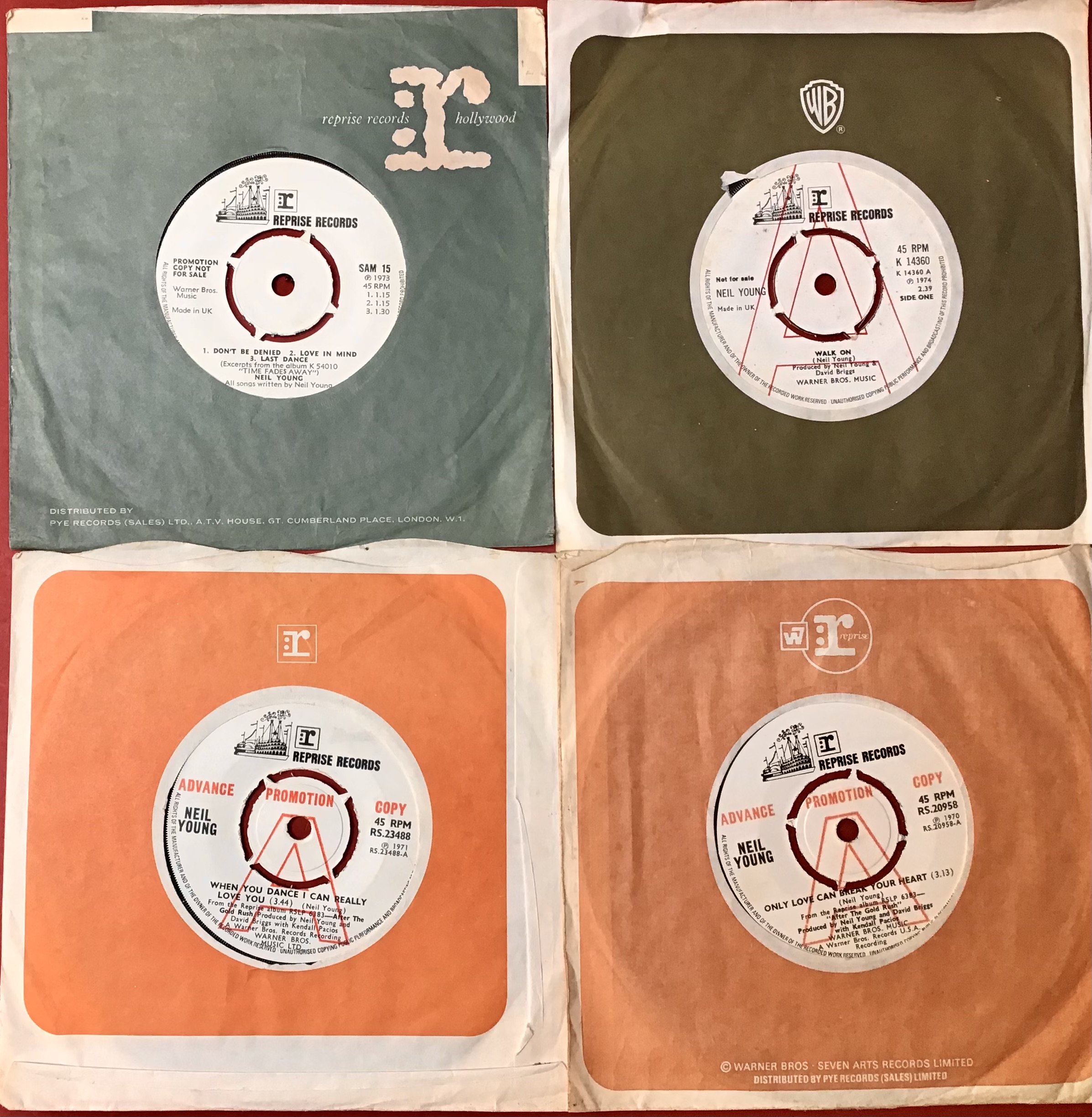 4 NEIL YOUNG DEMO 7" SINGLES. Starting with a one sided single that has 3 tracks on Reprise Sam 15