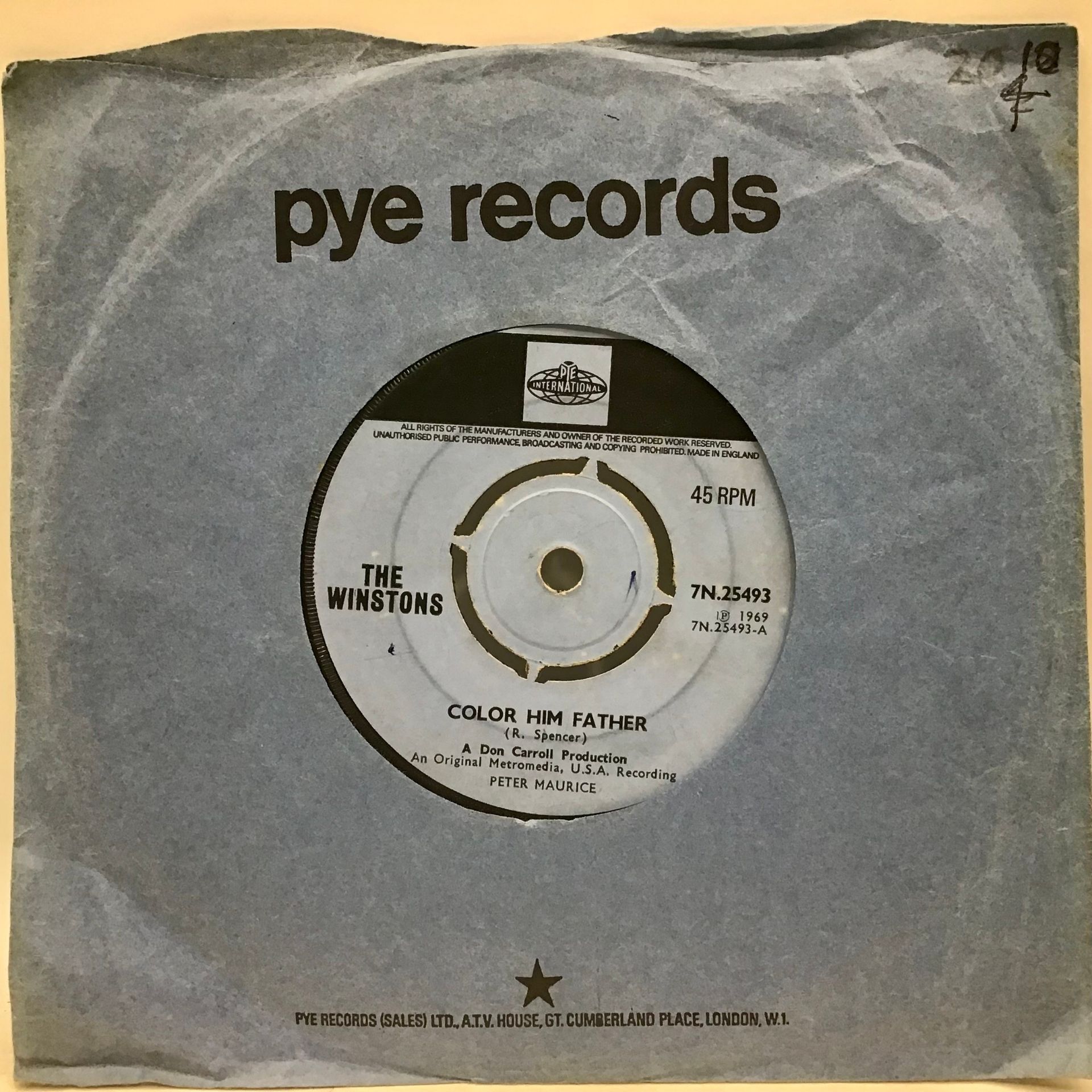 THE WINSTONS - COLOR HIM FATHER 45rpm SINGLE. Nice soul single on Pye Records...7N 25493 from