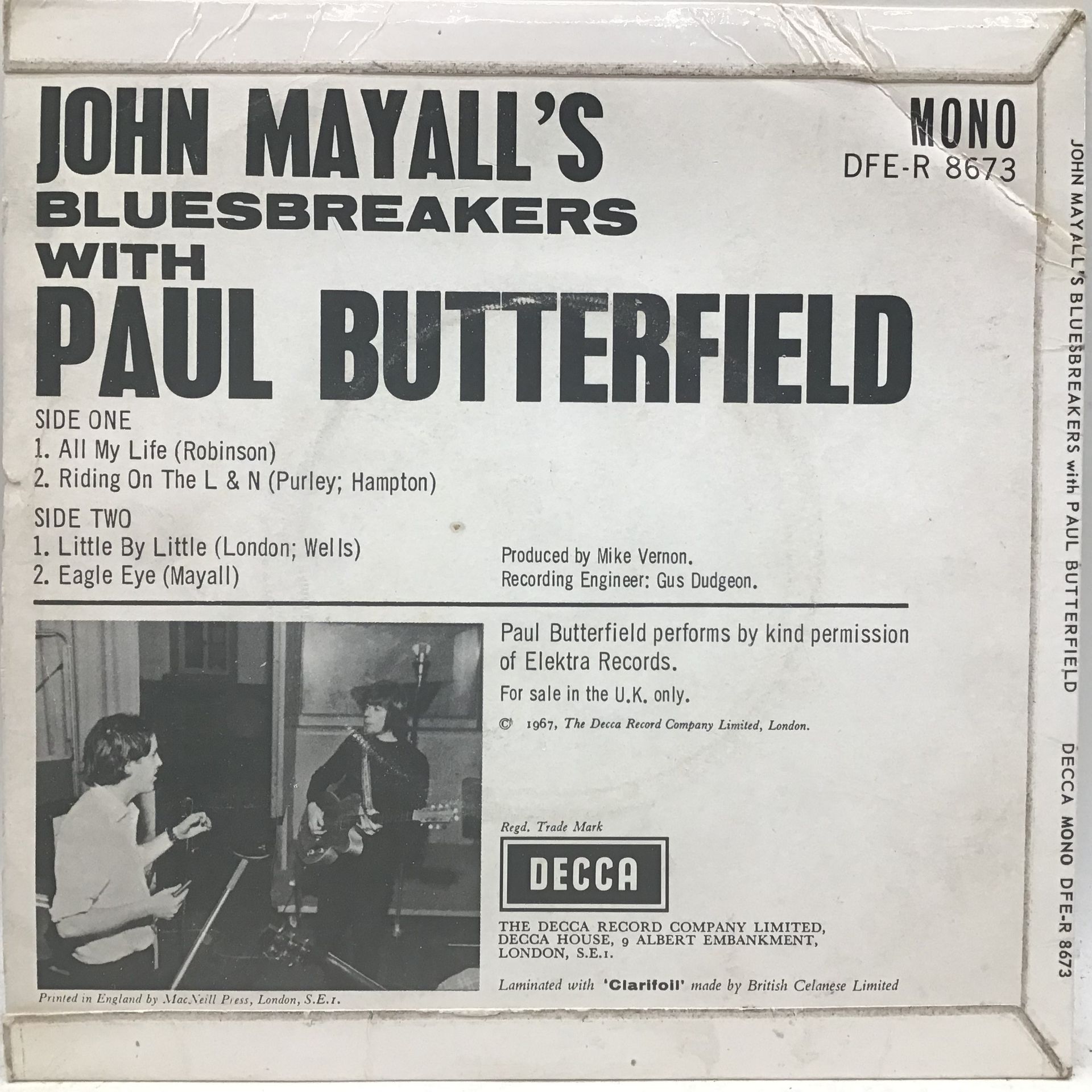 JOHN MAYALL'S BLUESBREAKERS WITH PAUL BUTTERFIELD UK EP. This is a nice blues EP on Decca DFE-R 8673 - Image 2 of 2