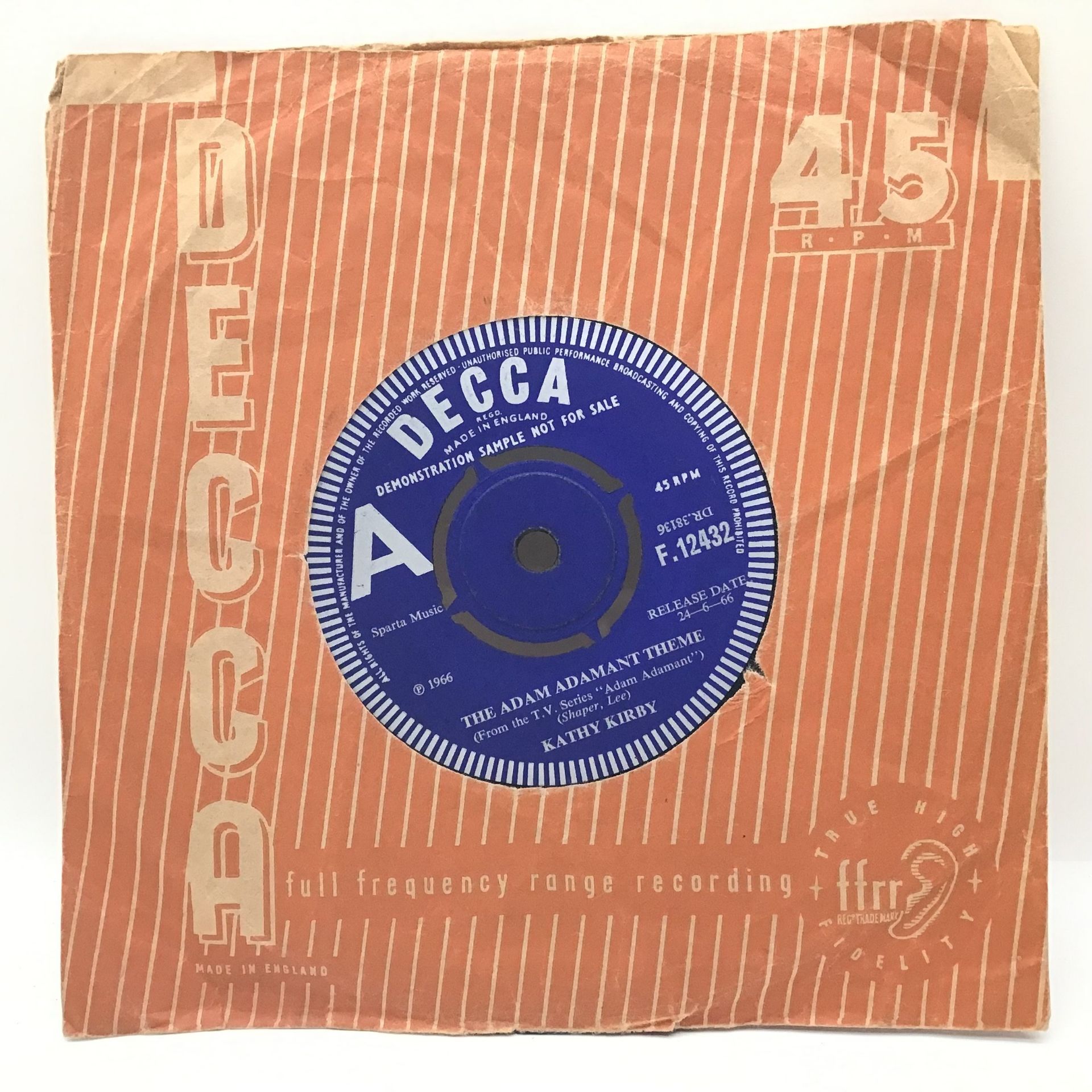KATHY KIRBY - THE ADAM ADAMANT THEME - DEMO 45. On Decca F.12432 from 1966 and found here in VG+