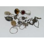 Vintage silver items including gold cased locket.