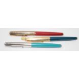 Collection of fountain pens to include a Parker 61 in Rage Red with rainbow cap, Pre '62 with