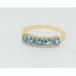 9ct gold Diamond and Aquamarine 5 stone ring size P