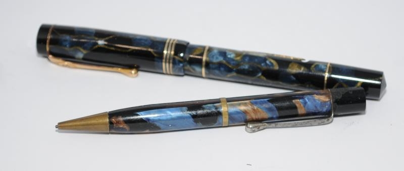 The Burnham pre-war era blue marble fountain pen and propelling pencil, Burnham 14ct nib to pen, and - Image 4 of 7