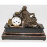 Large French striking mantle clock featuring a bronze figure upon a marble plinth. O/all 44.5cm