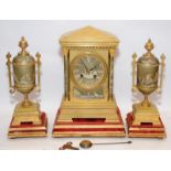 Antique three piece French mantel clock with garniture featuring hand painted ships at sea and