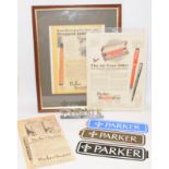 Vintage advertising ephemera to include unused Parker dealer signs, a freestanding Parker desk sign,