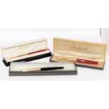 Trio of Parker pens to include a Rage Red / Rainbow P61 Heirloom ballpoint pen in good original box,