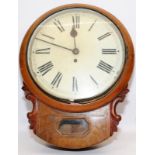 Antique oak cased drop dial wall clock with fusee movement c/w pendulum and key. Seen working.