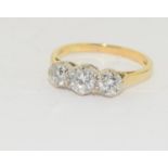 18ct gold ladies three stone diamond ring, approx 1ct, Size N.